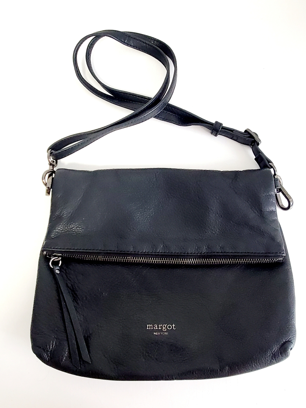Margot New York Black Leather Crossbody Bag with Front Zip